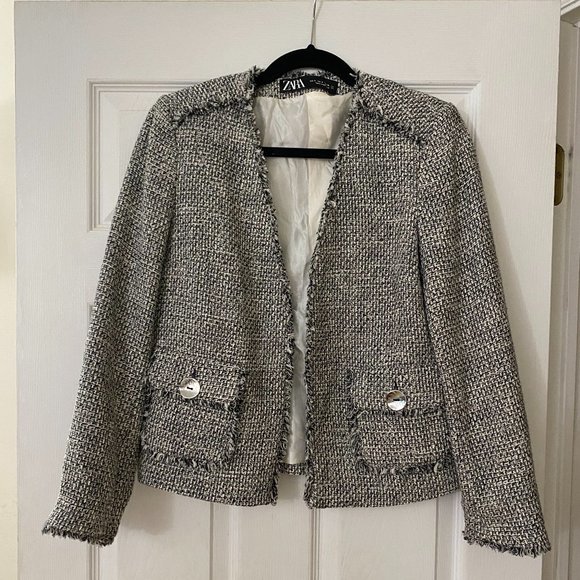 ZARA: NWOT Black and White Tweed Fray Cotton Blazer (Size S) - Picture 2 of 3